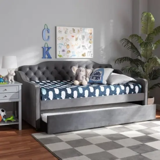 Freda Velvet Fabric Upholstered Button Tufted Daybed with Trundle - Baxton Studio image {8}