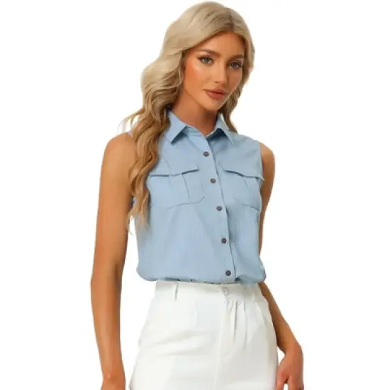 Allegra K Women's Summer Casual Collared Tank Top Button Down Sleeveless Work Shirt image {5}