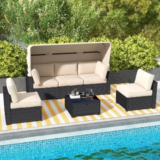 Patio Furniture Set, 6pcs Outdoor Rattan Wicker Furniture with Canopy, Outdoor Sectional Sofa and Table with Storage, Patio Conversation Sets image {9}