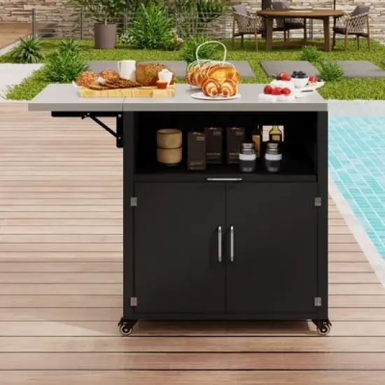 Patio Storage Cabinet, Outdoor Steel Kitchen Islands Serving Carts with Folding & Expandable Work Surfaces, Lockable Wheels, Matte Black -ModernLuxe image {1}