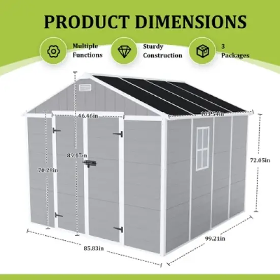 8*8ft resin storage shed, high quality pp material, strong structure, waterproof, rust and UV proof, large storage space, HD window lighting image {6}