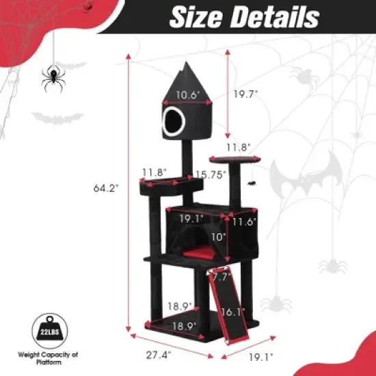 DOMETOUR Gothic Cat Tree with Coffin Bed, 64in Black Cat Tower with Condo, Platform, Sisal Scratching Posts, Perch, Ramp, Toy, Cat House for Indoor image {15}