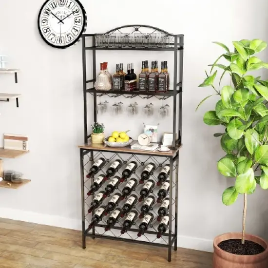DOMETOUR Industrial Wine Rack Bar Table, 3-Tier Liquor Bottle and Glass Holder with Storage, Metal & Wood Organizer for Home Kitchen & Dining Room image {10}