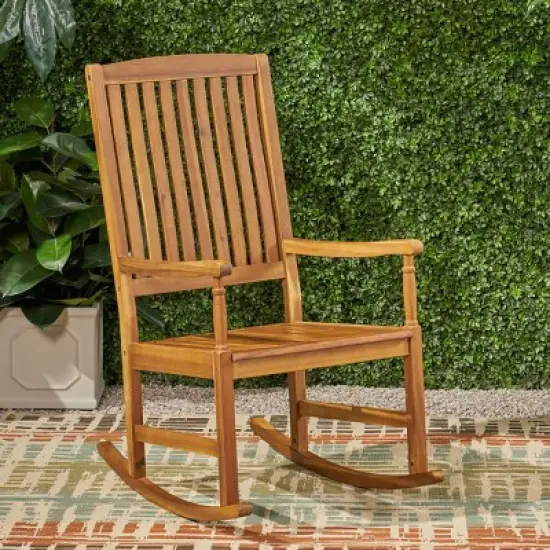 Outdoor Wooden Rocking Chair,Rustic Acacia Patio Rocker with Slatted Back for Porch,Garden,or Deck Seating-Maison Boucle image {2}