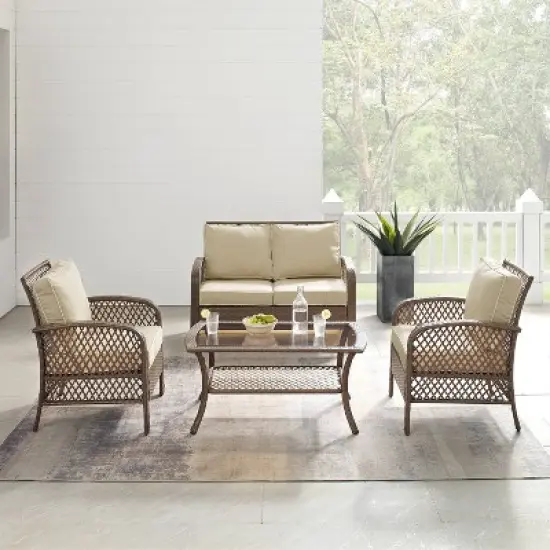 Tribeca 4pc Outdoor Wicker Conversation Set - Sand/Driftwood - Crosley image {2}