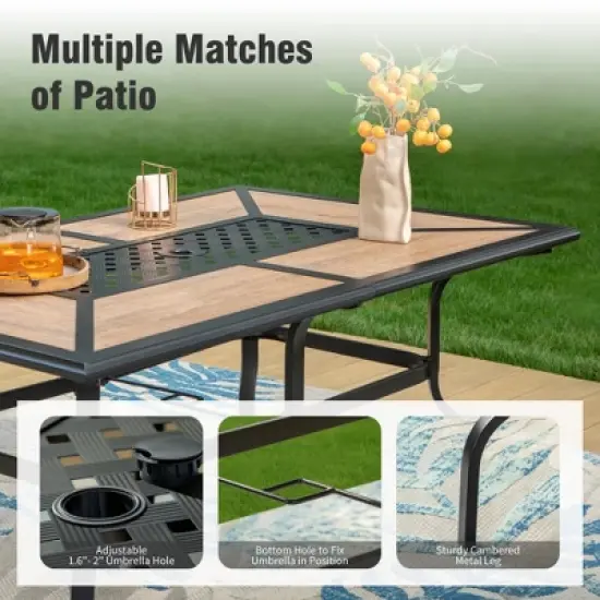 Captiva Designs 1Pc Outdoor Wood-look Rectangle Steel Frame Dining Table with Umbrella Hole image {7}