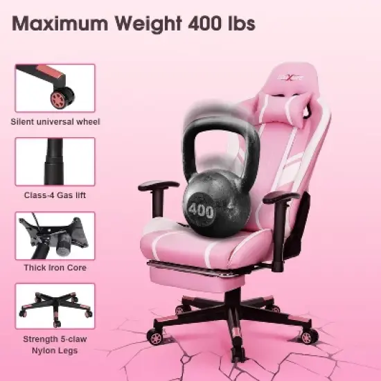 Douxlife Modern 7-Point Massage Ergonomic Gaming Chair with Footrest & Adjustable Armrests Pink White image {2}