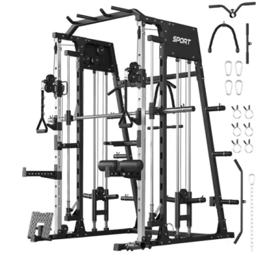 Smith Machine, 2200lbs Power Rack with Smith Bar, Cable Crossover Machine for Home Gym, Multifunctional Smith Machine with LAT Pulldown System image {8}