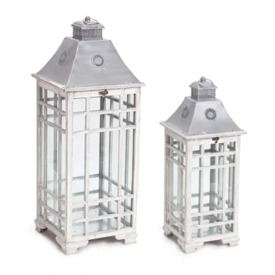 HomeRoots Set of Two White And Silver Distressed Geometric Metal Floor Lantern Candle Holders image {4}