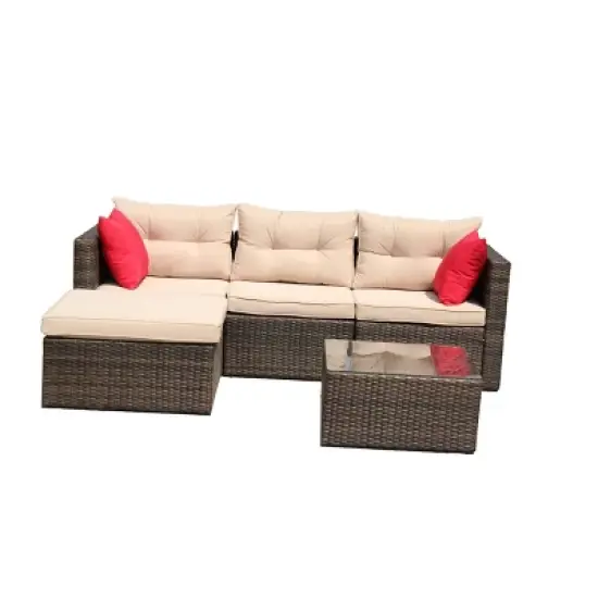 5pc Wicker Patio Sectional Seating Set with Shallow Cushions - Brown - GODEER image {5}
