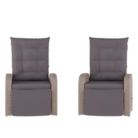 Flash Furniture Nemo Set of 2 Indoor/Outdoor Patio Wicker Rattan Recliner Lounge Chairs with Flip up Side Tables image {15}