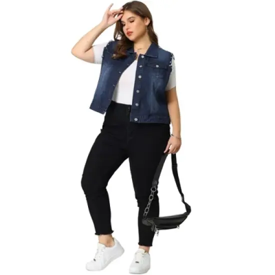Agnes Orinda Women's Plus Jean Vest Chest Pockets Frayed Hem Single Breasted Denim Vest with Rivets image {2}