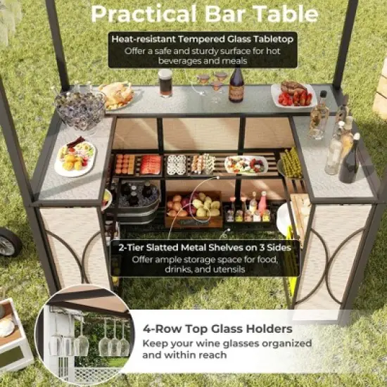 Costway 3 PCS Patio Bar Set with Tempered Glass Bar Table Metal Storage Shelves for Garden Brown/Grey image {6}