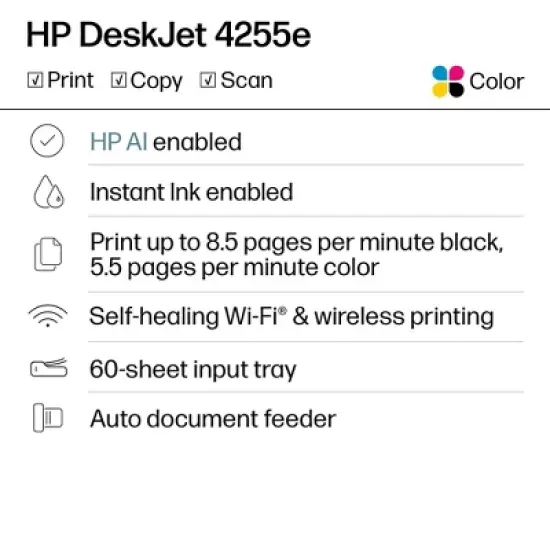 HP DeskJet 4255e Wireless All-in-One Color Printer Scanner Copier with 3 Months Free Instant Ink (588S6A) image {1}