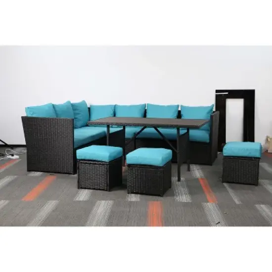 Cesicia 7-Piece Dark Blue Sofa Set, Garden Patio Wicker Sectional Sofa Set with Coffee Table Fit for Both Indoor And Outdoor image {2}