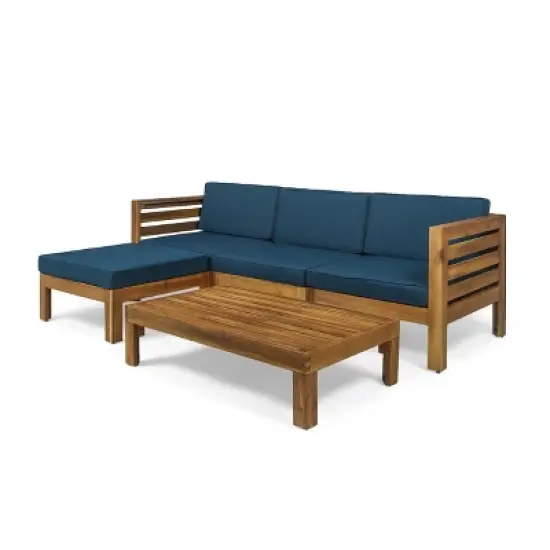 GDFStudio Cavendish Outdoor Acacia Wood 3 Seater Sofa Chat Set with Ottoman image {14}