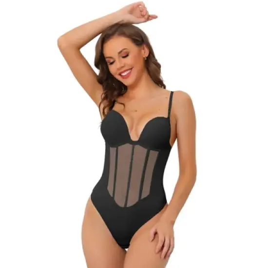 Allegra K Women's Mesh Panel Tummy Control Sculpting Leotard with Adjustable Straps image {6}