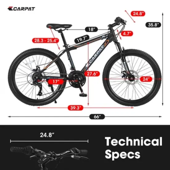 Gulches 24 Inch Mountain Bike Boys Girls, Steel  Frame, Shimano 21 Speed Mountain Bicycle with Daul Disc Brakes and Front Suspension MTB image {4}