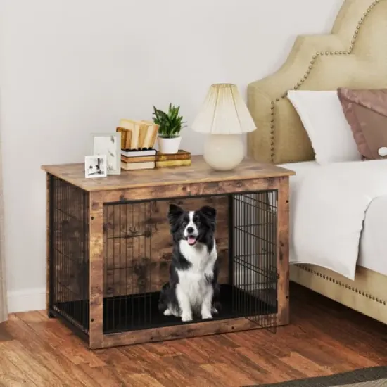 Costway 39&rdquo; Dog Kennel w/ Chew-Resistant Metal Frame & Soft Mat Double Doors Dog Crate End Table image {1}
