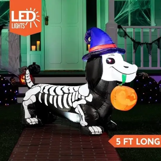 Joyfy 5FT Halloween Inflatables Outdoor Decorations, Inflatable Skeleton Dog with LEDs Pumpkin for Halloween Outdoor Yard Garden Lawn Party Decoration image {2}