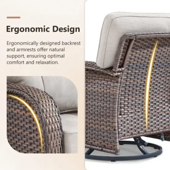 Belord Brown Wicker 7 Piece Patio Furniture Set with 5" Thick Cushions, 41" Propane Fire Pit Table Set with Swivel Glider Chairs and Club Chairs image {9}