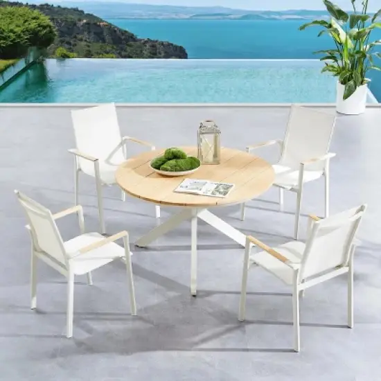 Round Planked Wood Top Outdoor Dining Set 4Piece Textured Mesh Chair Patio Furniture image {2}
