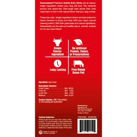 Rewardables 9" to 11" Bull Stick Beef Flavored Dog Treat - 6.25oz image {2}