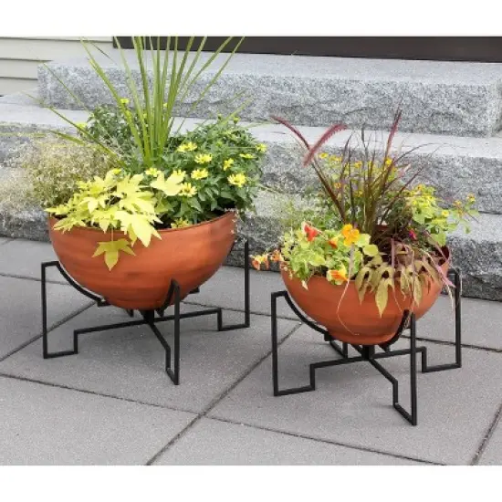 ACHLA Designs 15.25" x 20" Galvanized Steel Planter Bowl with Black Wrought Iron Plant Stand Burnt Sienna image {3}