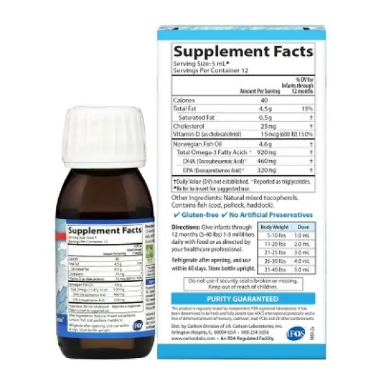 Carlson - Baby's DHA, 920 mg Omega-3s + 600 IU (15 mcg) Vitamin D3, Norwegian, Wild Caught, Sustainably Sourced image {1}