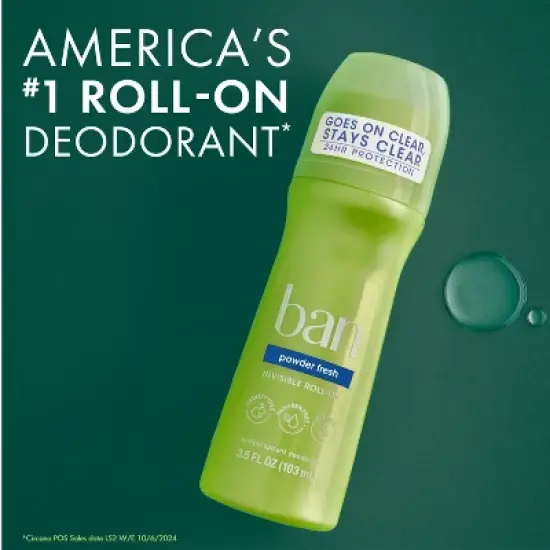 Ban Invisible Roll-On Antiperspirant Deodorant Powder Fresh with Odor-Fighting Ingredients - 3.5 fl oz image {5}