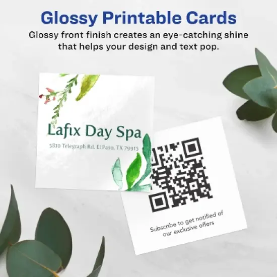 Avery Printable Square Business Cards with Sure Feed Technology, 2" x 2", Glossy White Cardstock, Print-to-the-Edge, Laser/Inkjet Cards, 120 Total image {1}