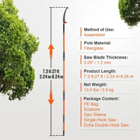 VEVOR Manual Pole Saw, 7.3-27 ft Extendable Tree Pruner, Branch Trimmer with Lightweight 8 Fiberglass Handles image {7}