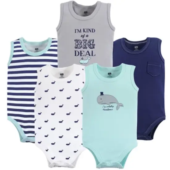 Hudson Baby Infant Boy Cotton Sleeveless Bodysuits 5pk, Whale image {2}