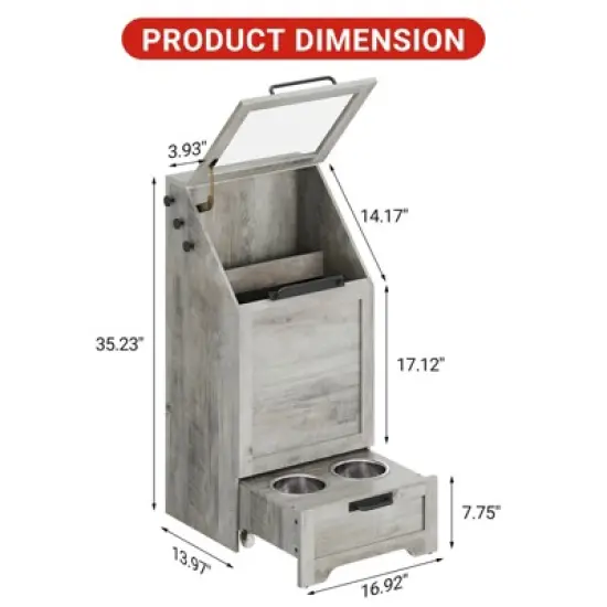 Top Opening Dog Feeding Station, Wooden Dog Food Storage Cabinet with 2 Elevated Dog Bowls, 3 Hooks, Hidden Design, Large Pet Food Storage image {1}