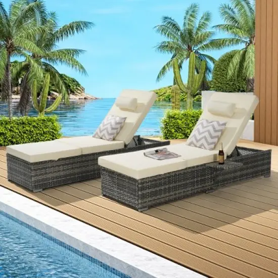 5 Level PE Rattan Outdoor Patio Chaise Lounge Set Of 2,Patio Chaise Lounge With Padded Cover Set And Side Table,Lounge Chair Outdoor -Maison Boucle image {1}