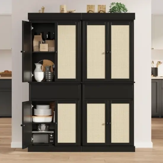 Tall Pantry Cabinet, Rattan Storage Cabinet with Doors & Drawers, Adjustable Shelves, 69 Inch Freestanding Cupboard for Bathroom Dining Room Living image {7}