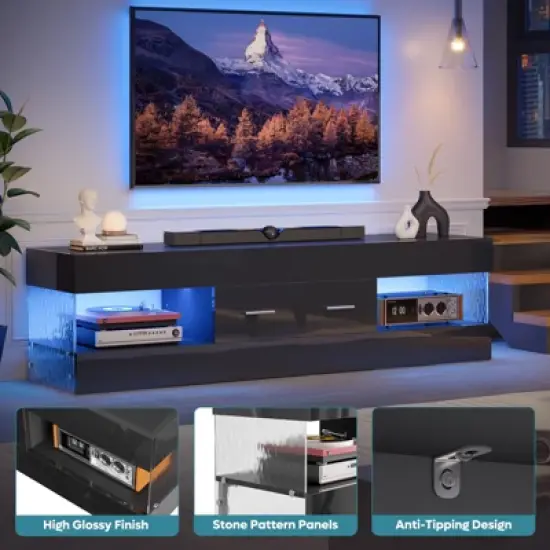 Bestier Black High Gloss TV Stand for TV up to 65" LED Television Entertainment Center Modern TV Cabinet with Storage Drawers image {2}