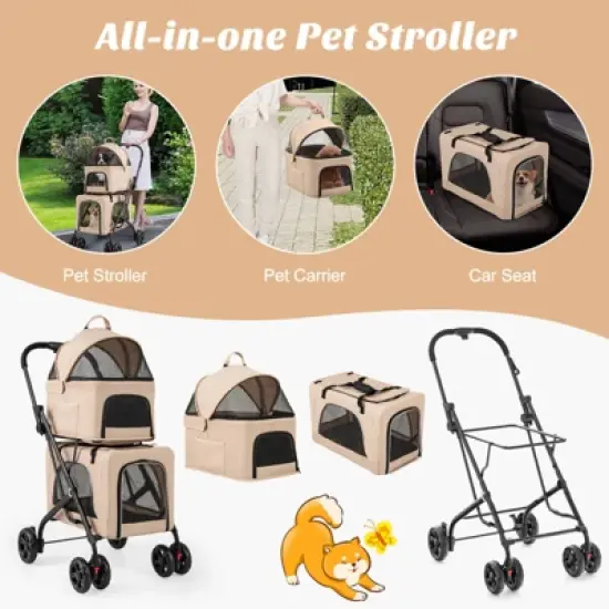 Costway Double Pet Stroller for 2 Dogs or Cats w/ 2 Detachable Carriers Safety Belt Beige image {4}