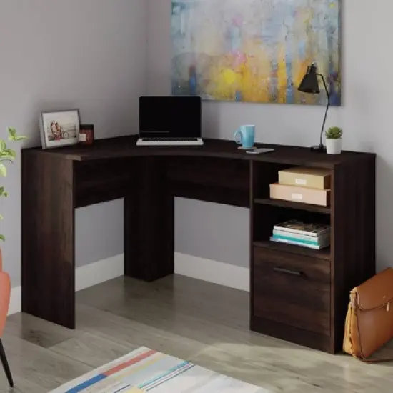Sauder Beginnings Corner Desk with drawers Cinnamon Cherry: Home Office, Adjustable Shelf, MDF Construction image {1}