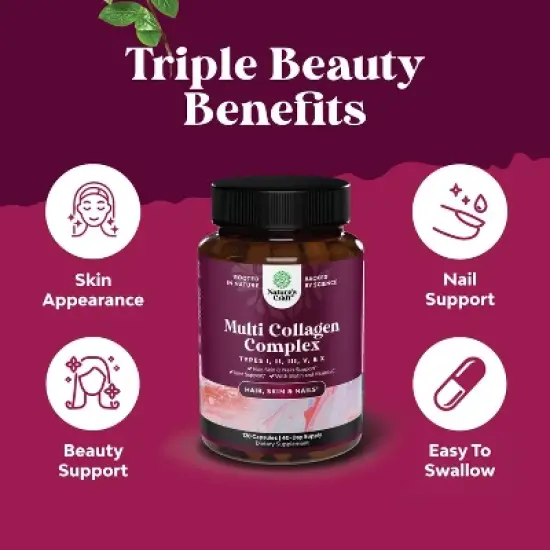 Multi Collagen Complex Capsules, Biotin and Collagen Supplement with BioPerine and Hair Skin and Nails Vitamins, Nature's Craft, 120ct image {1}