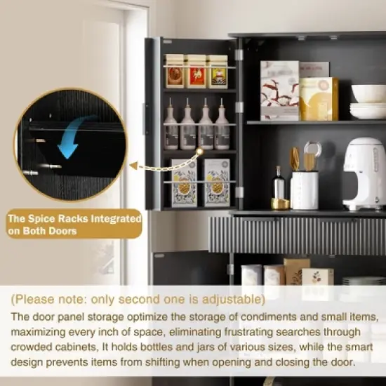 Fluted Pantry Cabinet with Keyboard Drawers & Door Spice Racks, Tall Freestanding Storage Cupboard with Adjustable Shelf for Kitchen, Dining Room image {3}