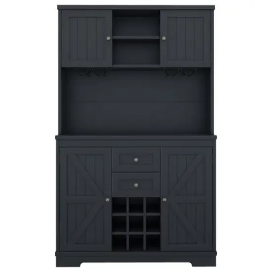 Gulches Timeless Multi Functional Coffee and Wine Bar Cabinet Open Shelves, 9 Grid Bottle Holders, 6 Hooks and Durable Build image {10}