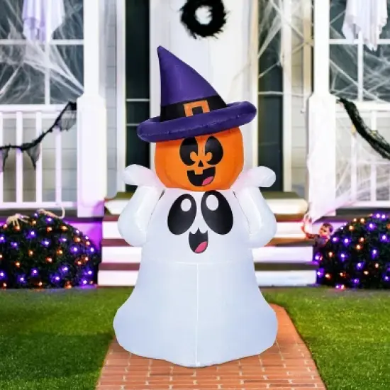 Joyfy 5 FT Halloween Inflatable Outdoor Decoration, Inflatable Playful Ghost with Pumpkin Witch Hat for Halloween Outdoor Yard Graden Lawn Decoration image {3}