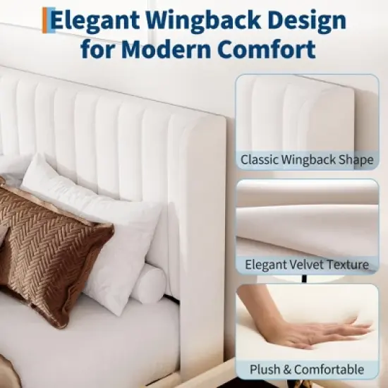 Bed Frame with Wingback Headboard - Vertical Channel Tufted Upholstered Platform, Noise-Free Reinforced Wood Slats, No Box Spring Needed, White image {4}