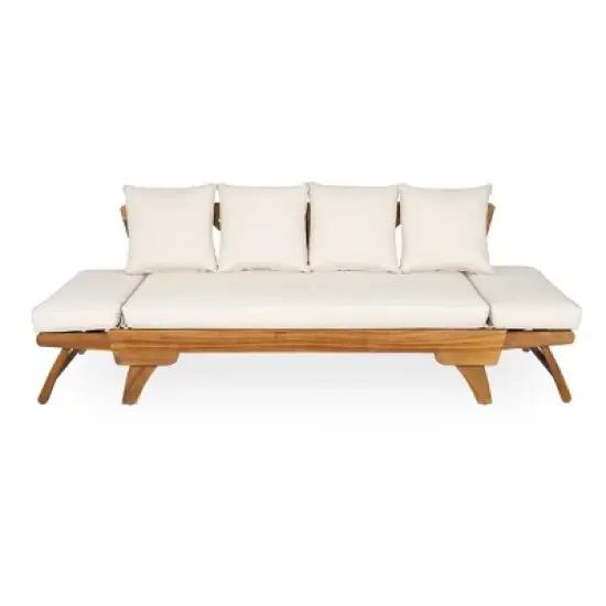 Outdoor 3-Seat Patio Daybed Sofa with Foldable Arms, Acacia Wood Frame and Removable Beige Cushions, Modern Lounge for Garden-Maison Boucle image {5}