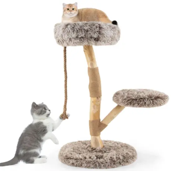Tangkula Solid Wood Cat Tower Modern Cat Scratching Tree w/Luxurious Perch Teasing Rope image {9}