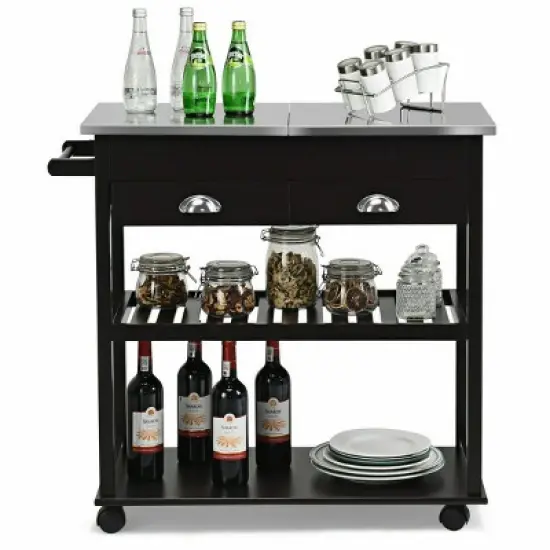 Costway Rolling Kitchen Island Trolley Cart Stainless Steel Flip Tabletop W/ Drawer Brown image {7}