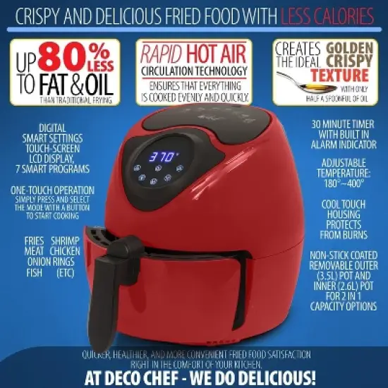 Deco Chef 3.7QT Personal Digital Air Fryer, 7 One-Touch Cooking Programs, 1300W, Red image {2}
