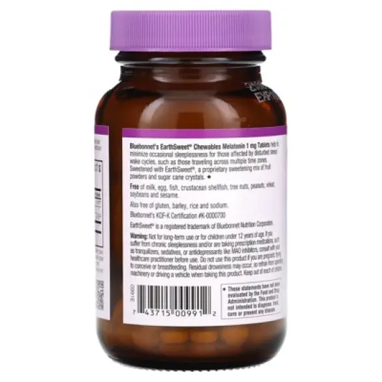 Bluebonnet Nutrition Earth Sweet&reg; Chewables, Melatonin, Raspberry, 1 mg, 120 Chewable Tablets image {2}