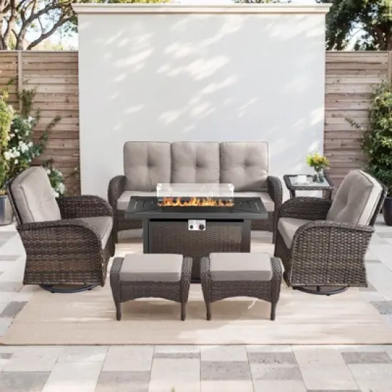 Buenhomino 7PCS Patio Conversation Set Brown Wicker Swivel Patio Chair Sofa Ottoman Set with Side Table and Fire Table PE Rattan Furniture Set image {13}